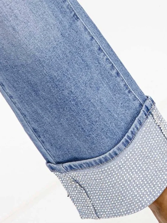 A318. Light Blue Wide Leg Rhinestone Cuffed Jeans - Picture 2 of 4